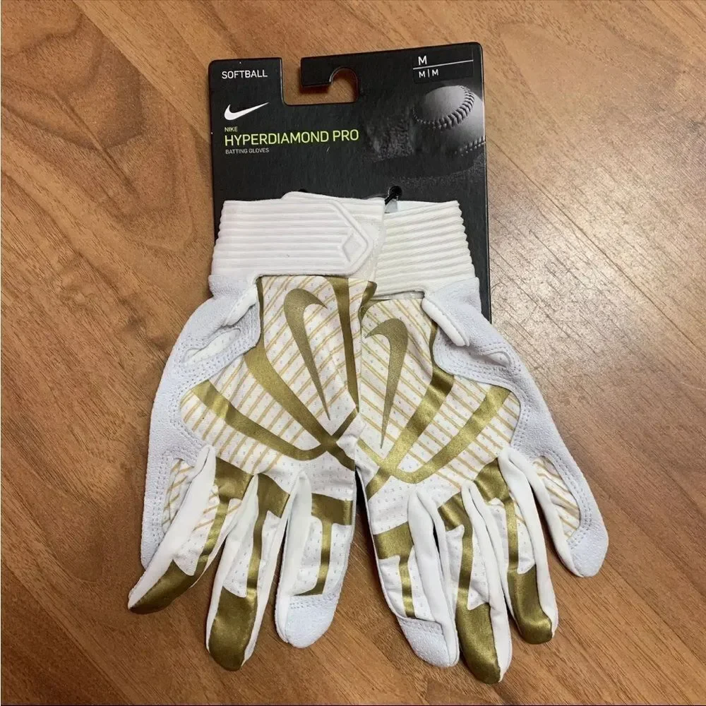 NWT Women's Nike Softball Hyperdiamond Pro Batting Gloves White Gold MEDIUM